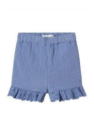 Blå bomullsshorts med texturerad tyg, med en volangkant dekorerad med ögla spets, och en elastisk midja för lätt användning.