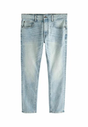 Lys blå denim jeans med et klassisk fem-lommers design, lige benform, diskret falming og en lynlås i livet med en knaplukning.