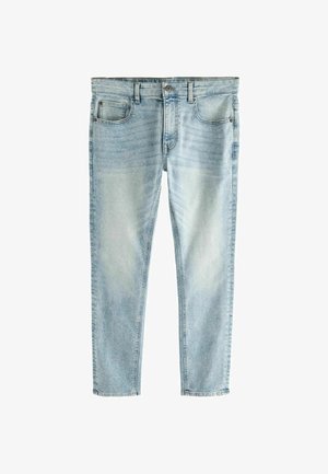 Blugi din denim albastru deschis, cu un design clasic cu cinci buzunare, formă dreaptă, decolorare subtilă și fermoar cu închidere cu nasture.