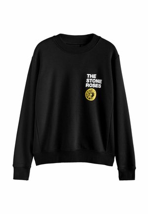 Sort sweatshirt med rund hals, ribbede manchetter og kant. Fronten viser hvid tekst og et gult cirkulært grafik.