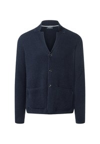 Navy blue ribbed knit cardigan with three front buttons, two front pockets, and a small standing collar.