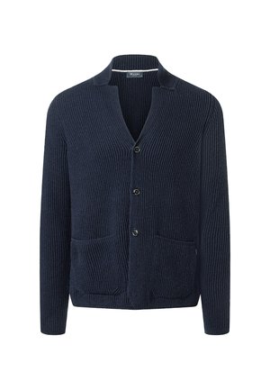 Cardigan a coste blu navy con tre bottoni frontali, due tasche anteriori e un piccolo colletto alla coreana.