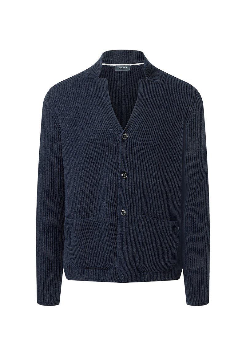Navy blue ribbed knit cardigan with three front buttons, two front pockets, and a small standing collar.