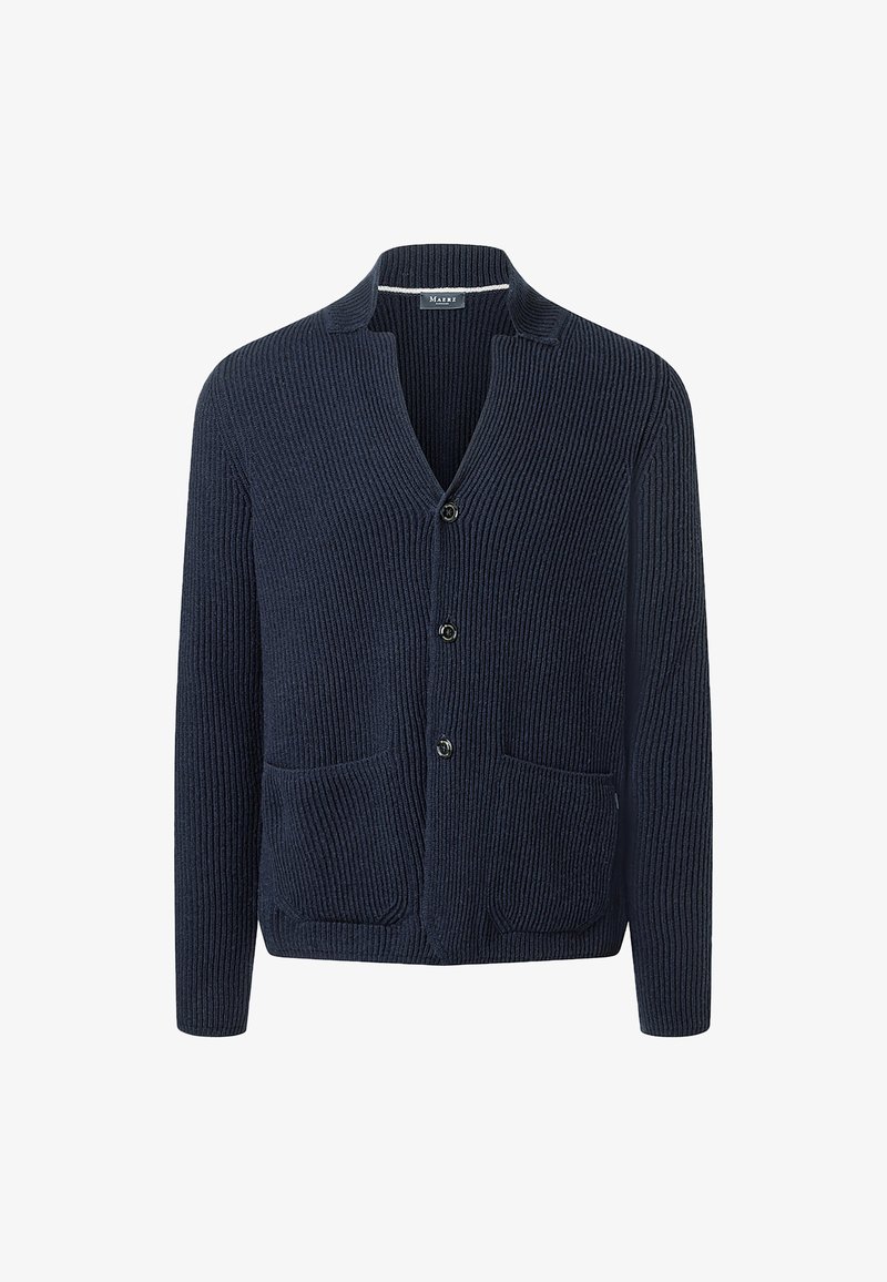 Navy blue ribbed knit cardigan with three front buttons, two front pockets, and a small standing collar.