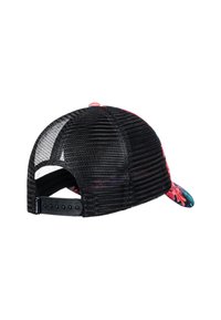 Czarna siateczkowa czapka z kolorowym wzorem kwiatowym na daszku. Posiada regulowane zapięcie snapback oraz teksturowaną powierzchnię.