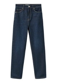 Jeans de mezclilla azul oscuro con corte recto, cinco bolsillos y cierre frontal de botón. Presentan costuras visibles y una textura suave.