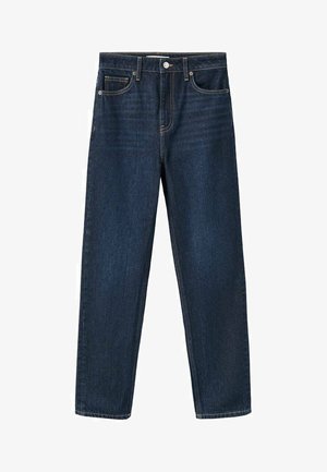 Dark blue denim jeans with a straight-leg cut, five pockets, and a front button closure. Features visible stitching and a smooth texture.