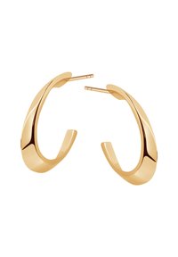 Złote metalowe kolczyki w kształcie obręczy o gładkim, zakrzywionym designie. Posiadają błyszczące wykończenie i otwarty kształt obręczy, o długości około 3 cali.