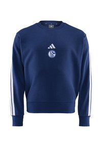 Felpa blu navy con scollatura rotonda, logo Adidas bianco e stemma dello Schalke 04 sul petto, e strisce bianche lungo le maniche.