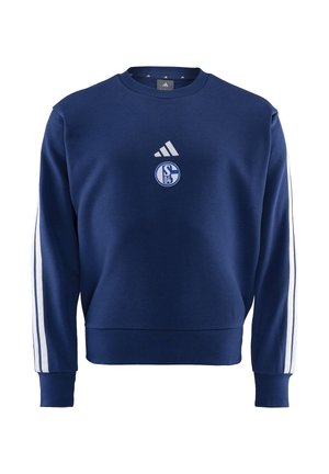 Marineblauer Pullover mit rundem Halsausschnitt, weißem Adidas-Logo und Schalke 04-Wappen auf der Brust sowie weißen Streifen entlang der Ärmel.