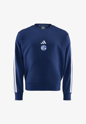 Felpa blu navy con scollatura rotonda, logo Adidas bianco e stemma dello Schalke 04 sul petto, e strisce bianche lungo le maniche.