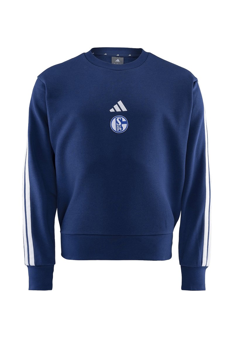 Felpa blu navy con scollatura rotonda, logo Adidas bianco e stemma dello Schalke 04 sul petto, e strisce bianche lungo le maniche.