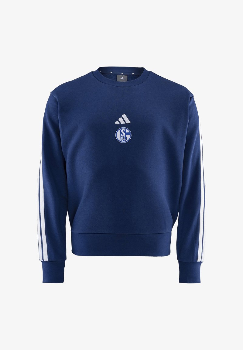 Felpa blu navy con scollatura rotonda, logo Adidas bianco e stemma dello Schalke 04 sul petto, e strisce bianche lungo le maniche.