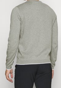 Pull gris clair à manches longues, col rond, poignets et ourlet côtelés, en tissu tricoté doux, porté avec un pantalon noir.