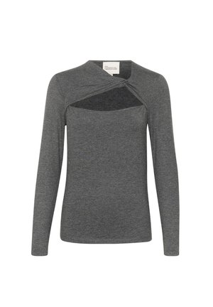 Pelēks garām piedurknēm tops ar unikālu savērsuma dizainu, kas ietver izgriezumu krūšu daļā, izgatavots no mīksta, elastīga auduma.