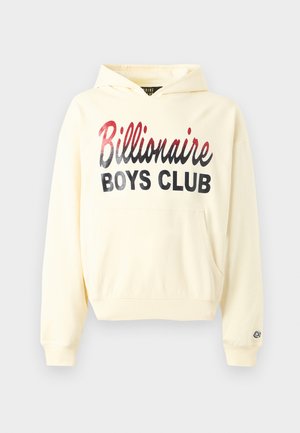 Hanorac crem cu buzunar frontal. Prezintă inscripția „Billionaire Boys Club” în litere mari, negre și roșii. Material moale cu croială lejeră.