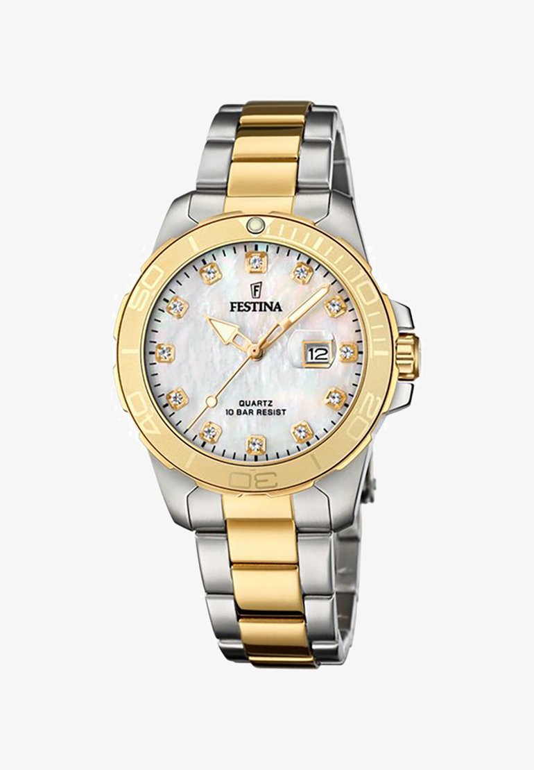 Festina-Uhr mit einem zweifarbigen Armband aus Edelstahl und Gold, rundem Zifferblatt aus Perlmutt, Kristallmarkierungen und Datumsanzeige auf der Position 3 Uhr.