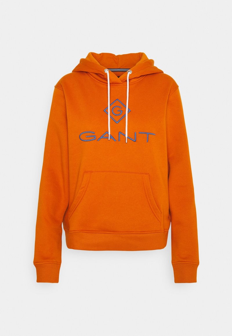 Sweat à capuche orange avec poche avant, cordons blancs et logo bleu « GANT » brodé sur la poitrine.