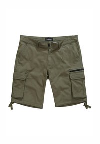 Pantaloni cargo oliva realizzati in cotone, dotati di molteplici tasche, una tasca laterale con zip e orli delle gambe con cordoncino regolabile.
