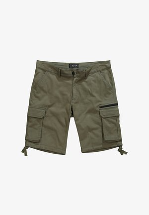 Pantaloni cargo oliva realizzati in cotone, dotati di molteplici tasche, una tasca laterale con zip e orli delle gambe con cordoncino regolabile.