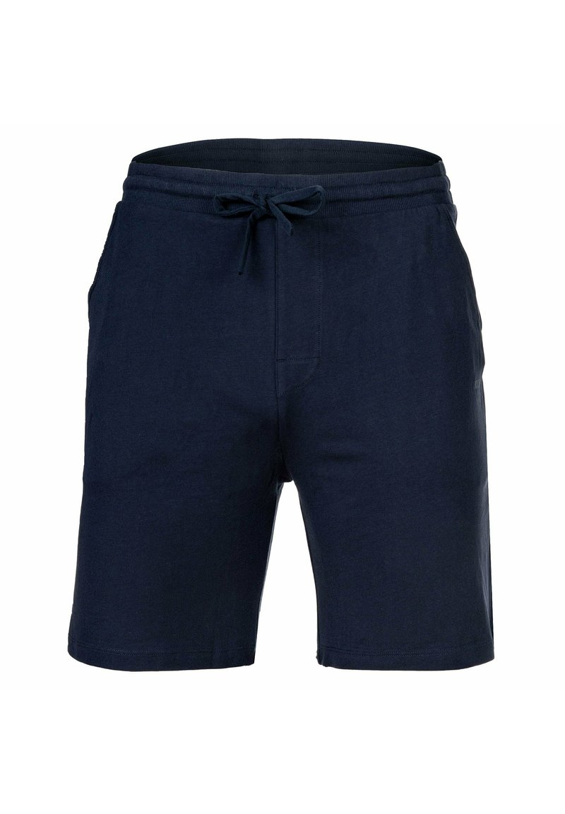 Navy katoenen shorts met een elastische tailleband, verstelbaar trekkoord en zijzakken. Soepele textuur en klassieke silhouet.
