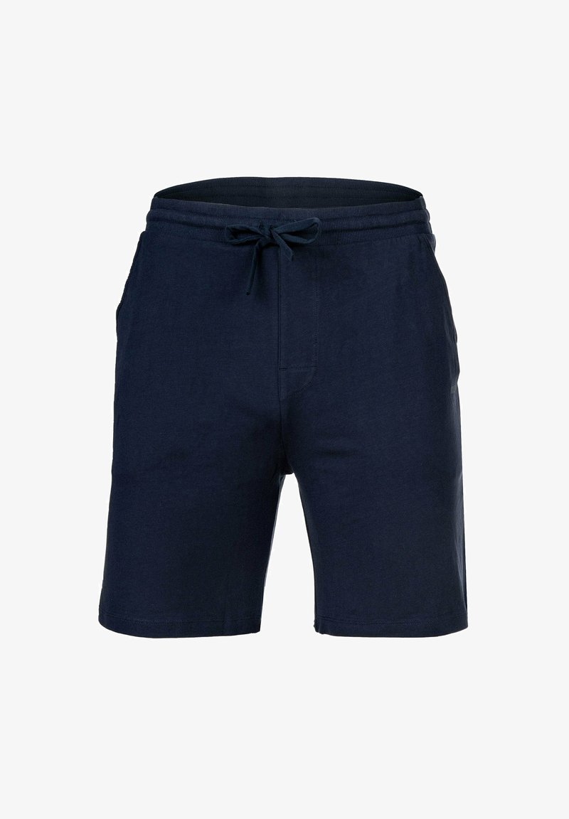 Navy katoenen shorts met een elastische tailleband, verstelbaar trekkoord en zijzakken. Soepele textuur en klassieke silhouet.