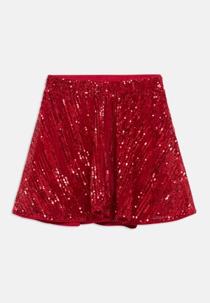 Red sequin skirt with a gathered elastic waistband and a flared hem. The sequins create a textured, shimmering appearance.