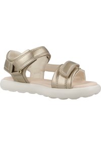 Sandali metallici d'oro con due cinturini regolabili in Velcro, una soletta imbottita e una suola in gomma bianca progettata per comfort e supporto.