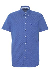 Camicia blu a maniche corte con un motivo geometrico, design con bottoni, taschino sul petto e colletto classico.
