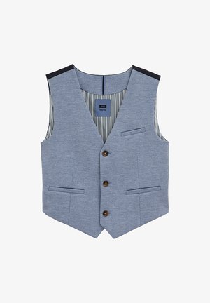 Világoskék mellény halszálka mintával, bevágott hajtókával, három elülső zsebbel, három barna gombbal és csíkos bélésével.