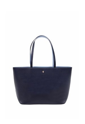 Marineblauwe leren shopper met twee schouderriemen en een klein metalen logo aan de voorkant in het midden.