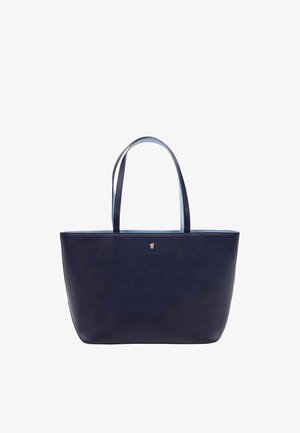 Marineblauwe leren shopper met twee schouderriemen en een klein metalen logo aan de voorkant in het midden.