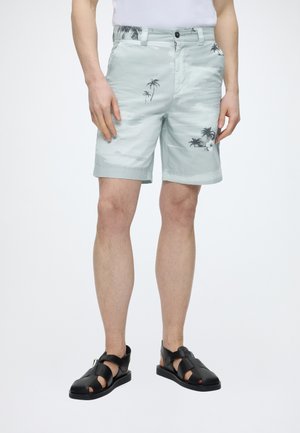 Άνδρας που φοράει ανοιχτογκρι σορτς με μαύρο σχέδιο φοίνικες και μαύρα δερμάτινα σανδάλια με ανοιχτά δάχτυλα σε λευκό φόντο.