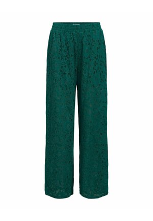 Donkergroene broek met wijde pijpen, een elastische tailleband en een overal bloemmotief in kant.