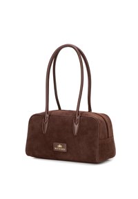 Bruine suede handtas met lange leren handvatten en gouden "WITTCHEN" logo plaatje aan de voorkant, rechthoekige vorm, met een ritssluiting aan de bovenkant.