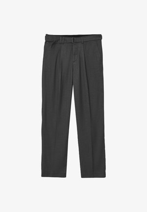 Pantaloni grigi scuri realizzati in tessuto testurizzato. Presentano una parte anteriore plissettata, passanti per la cintura e una cintura singola con fibbia in metallo. Design a gamba dritta.