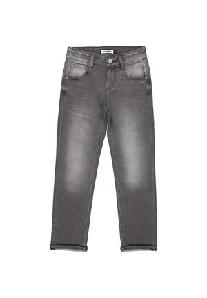 Jeans in denim grigio con finitura slavata, design a cinque tasche, chiusura con bottoni e orli risvoltati. Presentano leggere tracce di usura sulle gambe.