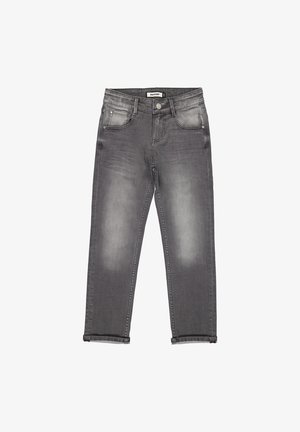 Grå denimjeans med en falmet finish, fem-lomme design, knappelukning og op rullede kanter. Har subtile slidmønstre på benene.