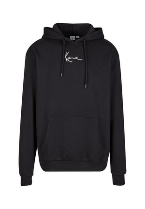 Black hooded sweatshirt with front pocket. Features ribbed cuffs and hem. White signature logo on chest, made from soft fabric.