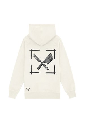 Sweat à capuche blanc avec un dessin en style croquis noir de deux couteaux croisés, un couperet et un rasoir droit, centré dans le dos, avec une petite icône près de l'ourlet.