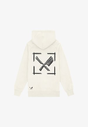 Sweat à capuche blanc avec un dessin en style croquis noir de deux couteaux croisés, un couperet et un rasoir droit, centré dans le dos, avec une petite icône près de l'ourlet.