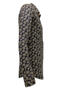 Langsleeve shirt van marineblauwe stof met een gouden cirkelpatroon, knoopsluiting en standaard kraag met een gladde textuur.