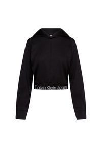 Čierna zkrátená mikina s kapucňou vyrobená z mäkkej tkaniny. Má kapucňu, dlhé rukávy a elastický pás so značkou "Calvin Klein Jeans" v bielej farbe.