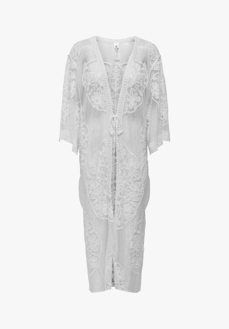 Witte doorschijnende kimono met bloemenborduursel, open voorkant, 3/4 lengte mouwen en scalloped randen. Lichtgewicht, zachte textuur en vloeiende ontwerp.
