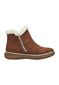 Bottine marron en daim avec un col en fausse fourrure, fermeture éclair sur le côté et une semelle en caoutchouc texturée. Présente un design épuré et des détails minimalistes.