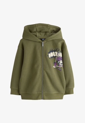 Olivgrüner Kapuzenpullover mit Reißverschluss und Kapuze, mit lila-weißer Skateboard-Skelett-Grafik und Comic-Text auf der Brust.