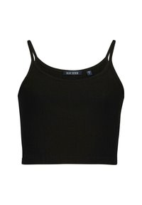 Schwarzes, geripptes, kurzes Tanktop mit dünnen Trägern, das ein strukturiertes Stoffdesign aufweist und ein Etikett mit der Aufschrift "BLUE SEVEN" im Halsausschnitt trägt.