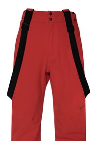 Rode waterdichte broek heeft verstelbare zwarte schouderbanden en twee knoopsluitingen bij de taille, ontworpen voor duurzaam buitengebruik.