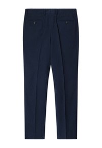 Pantaloni blu navy realizzati in tessuto testurizzato, con taglio dritto, doppie pieghe e due tasche posteriori con chiusura a bottone.