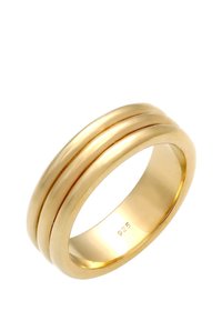 Guldring med to vandrette riller, lavet af 925 sterling sølv, glat tekstur, afrundede kanter, poleret finish.